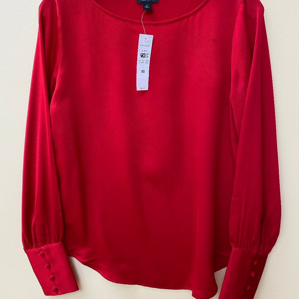 Boatneck Red Blouse with 4-Button Bishop Sleeve